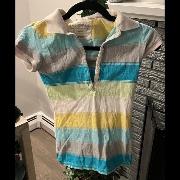 Aeropostale Women's Size Small White Yellow Blue Striped Polo Short Sleeve Shirt - Picture 1 of 3